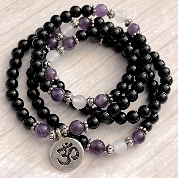 Obsidian, Amethyst and Quartz mala - Picture 3 of 5